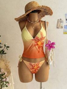 Soleia Women's Summer Beach Floral Print Halter Tie Tankini And Triangle Tankini Swimwear Set - Orange - View 6