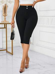 SHEIN Tall CURVE 大码女式纯色长裤，时尚夏季大码女式短裤 - 黑色 - 查看 6