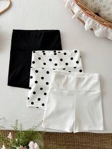 SHEIN LMoss Kids 3件套女童针织纯色波点休闲短裤套装 - 彩色 - 查看 7