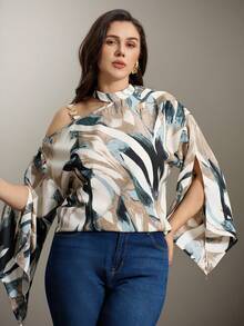 Flouryn Plus Size Women's Random Print Simple Daily Shirt One Shoulder Top Fall - Multicolor - View 6