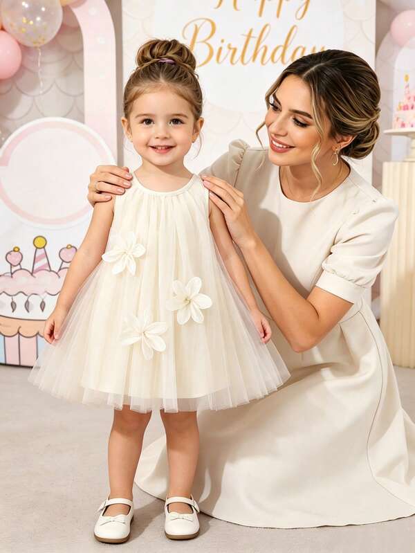 SHEIN Glamorique Kids 女婴甜美梦幻网纱连衣裙，精致3D立体花朵装饰，适合外出、度假、拍照、各种场合、夏季穿着、婚礼、派对等。