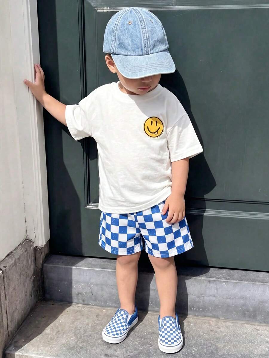 SHEIN Playful Pals 婴儿笑脸印花T恤短裤套装，夏季