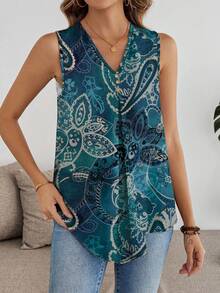 EMERY ROSE Elegant Vintage Distressed Green Floral Print Bohemian Style Sleeveless V-Neck Blouse, Suitable For Music Festivals, Beach Outfits, Vacation Wear, Plus Size Women In Summer - Multicolor - View 6