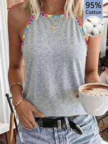 SHEIN LUNE Áo tank top nữ 95% cotton thêu ren hoa nhiều màu sắc, kiểu dáng ôm sát, cổ yếm, thích hợp cho mùa hè. - Màu Xám nhạt - Xem 5