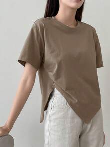 Dazy-Less Camiseta lisa com bainha dividida, roupa de trabalho casual para mulheres - Camelo - Ver 5