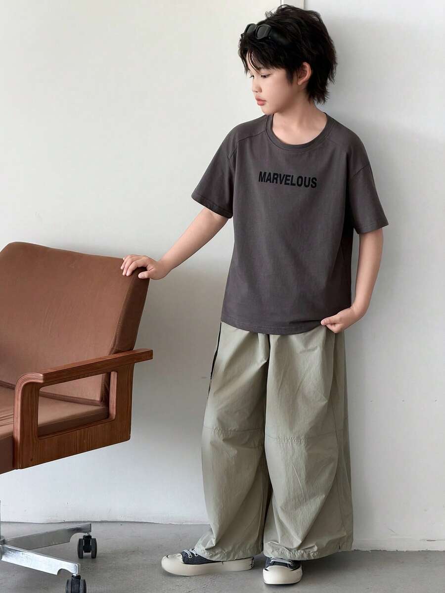Dazy Kids Crew Neck Casual Cool Letter Print Oversized Boys T-Shirt - Dark Grey - View 1