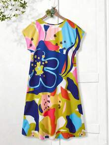Rusticease Vestido de cuello redondo con estampado colorido de talla grande - Multicolor - Ver 2