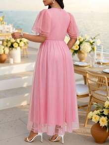 SHEIN Lady Vestido feminino elegante de verão, cor sólida, gola redonda, cintura marcada e comprimento midi. - Rosa Empoeirado - Ver 2