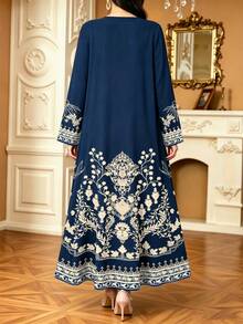 SHEIN Najma Vintage Blumen- & Fächer-Geometrie-Muster eleganter Abaya-Mantel, Frühling Herbst Langarm Strickjacke Oberbekleidung, Blumen-Marineblau-Mantel, arabischer Stil Bekleidung - Verschiedenfarbig - Übersicht 2