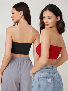 SHEIN BASICS 女士纯色舒适透气休闲简约设计短款露脐抹胸上衣，夏季 - 彩色 - 查看 3