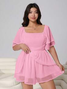 Solflare Plus Size Women Solid Color Square Neck Raglan Sleeve Casual Jumpsuit - Pink - View 7