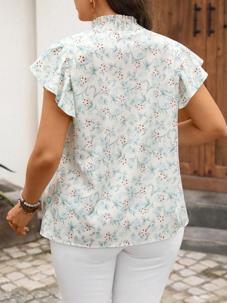 Plus Size Women Summer Casual Vacation Country Floral Print V-Neck Ruffle Sleeve Blouse Shirt Top,Country Concert Outfit,Festival Outfits For Women,Festa Junina