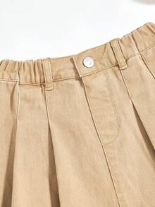 SHEIN Young Girls' Casual Cute Denim Pleated Skirt, Summer Lightweight New Arrival, Washed White, Casual Cute Sweet Street Fashion , Minimalist Design, 3/4 Elastic Waist, Snap Button Decor, A-Line Non-Stretch Denim Shorts, Soft Cotton Denim Fabric, Daily, Party, School, Commute, 2026 Summer New Release - Khaki - View 4