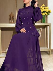 Modelyn Women's Solid Color Stand Collar Raglan Sleeve Elegant Dress Formal Purple Floral Floral Autumn Birthday Dinner - Purple - View 3