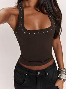 SHEIN BAE Black Metal Studded Eyelet Racerback Tank Top,Silver Sequin,Summer,Boyish,Music Festival,Casual Western Road Trip Outings,Clubs,Parties,Carnivals Tops - Coffee Brown - View 5
