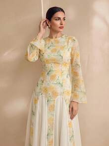 Graceveil Women's French Elegant Yellow Round Neck Double-Layer Flare Sleeve Waist Cinched Dress Bride Printed Dress Yellow Dress Latest Dress Style Vacation - View 6