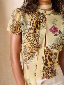 SHEIN BAE Women's Leopard Floral Print Patchwork Fashion Tropical Top Vacation Yellow Summer - Multicolor - View 6