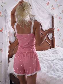 CottageSlumber Women's Pink Heart & Ribbed Lace Silk Camisole Shorts Pajama Set - Coral Pink - View 2