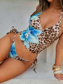 Swim Glamine 2pcs Sweet Floral Print Brown And Blue Plaid Bikini Set, Casual Tropical Spring/Summer Beach Party Vacation - Baby Blue - View 5
