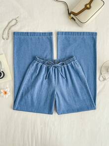 SHEIN Quần jean ống rộng thắt eo - Màu xanh lam - Xem 3