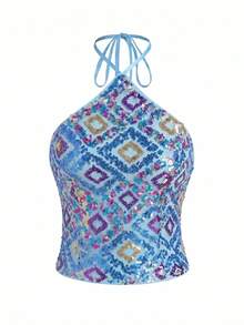 SHEIN PETITE Áo tank top cổ yếm ôm sát đính hạt dành cho nữ - Xanh đậm - Xem 3