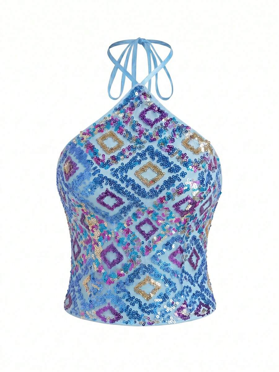 SHEIN PETITE Women's Beaded Fitted Halter Neck Tank Top - Royal Blue - View 1