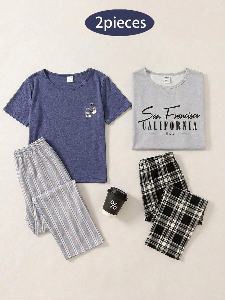 2pcs/Set Boys' Casual Chic Grey Graphic Tee & Relaxed Fit Pants Set, Spring/Summer - Grey - View 1