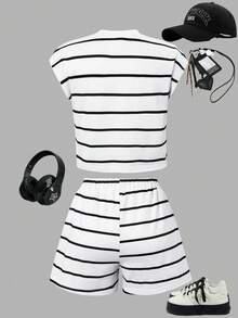 SHEIN 2pcs Tween Girls' Fashionable Striped Round Neck Short Sleeve Top And Shorts Set, Suitable For Outdoor, Playing, And Casual Outings In Summer - Multicolor - View 4