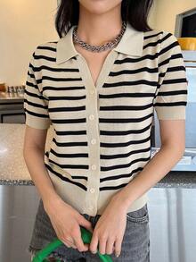 DAZY 女款米色短袖單排扣休閒針織開襟衫，適合早午餐與夏季穿著 - 黑色 - 查看 4