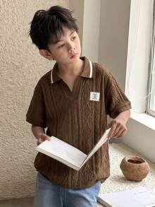 SHEIN 儿童/青少年男孩运动休闲撞色短袖polo衫，饰有精美细节，适合通勤、上学、日常休闲、度假、旅行、运动、亲子装、生日派对等场合，适合春夏秋季穿着。 - 咖啡棕 - 查看 7