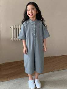 Dazy Kids 女童純色休閒短袖連身褲 夏季款 - 藍色 - 查看 5