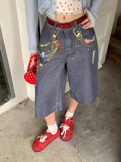 TOM AND JERRY X DAZY Pantalones cortos vaqueros de pierna ancha con bolsillos inclinados y estampado gráfico para mujer