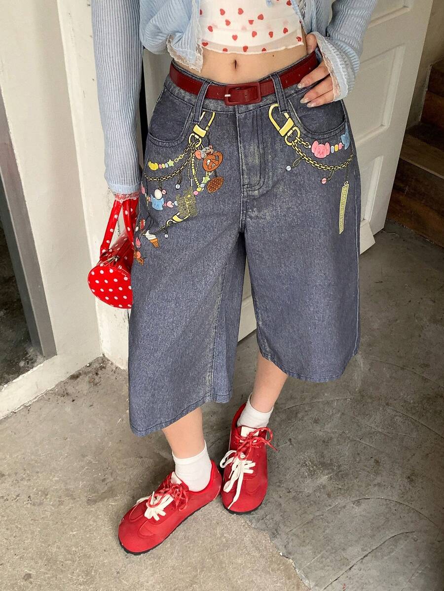 TOM AND JERRY X DAZY Quần short denim ống rộng dáng suông, in họa tiết, có túi xéo, dành cho nữ. - Màu xanh lam - Xem 1