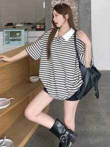 TOM AND JERRY X DAZY Women's Striped Casual Long Sleeve Cartoon Color Block Patchwork T-Shirt - Black - View 6