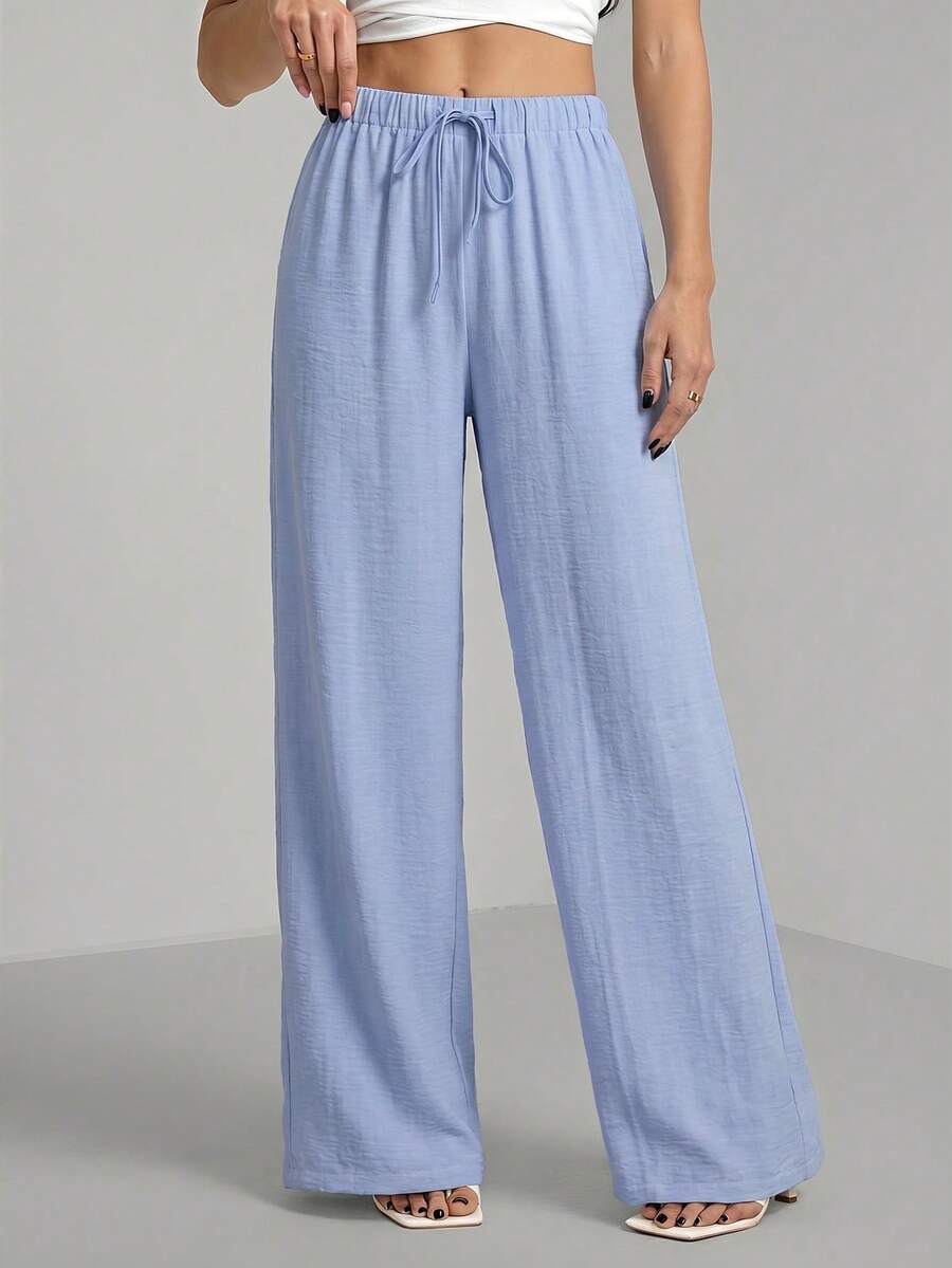 SHEIN Tall Loose Drawstring Waist Trousers In Textured Crinkle Fabric, Tall Women Vacation Lounge Travel Light Blue Autumn Casual - Blue - View 1