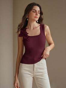Anewsta Fashionable Fitted Embroidered Seamless Ribbed Tank Top - Burgundy - View 3