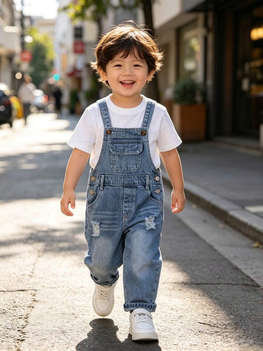 SHEIN Playful Pals 幼童中性牛仔吊帶褲,淺藍復古色,休閒舒適復古風,可調式吊帶 + 側扣,破洞褲腿設計,毛邊邊緣,柔軟棉質牛仔布,適合夏季度假、音樂節、日常穿著、上學、聚會、通勤 - 中等水洗藍 - 查看 1
