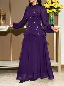 Modelyn Women's Solid Color Stand Collar Raglan Sleeve Elegant Dress Formal Purple Floral Floral Autumn Birthday Dinner - Purple - View 4