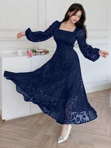 Feyla 女款方領優雅收腰長款派對洋裝 - 藏蓝色 - 查看 5