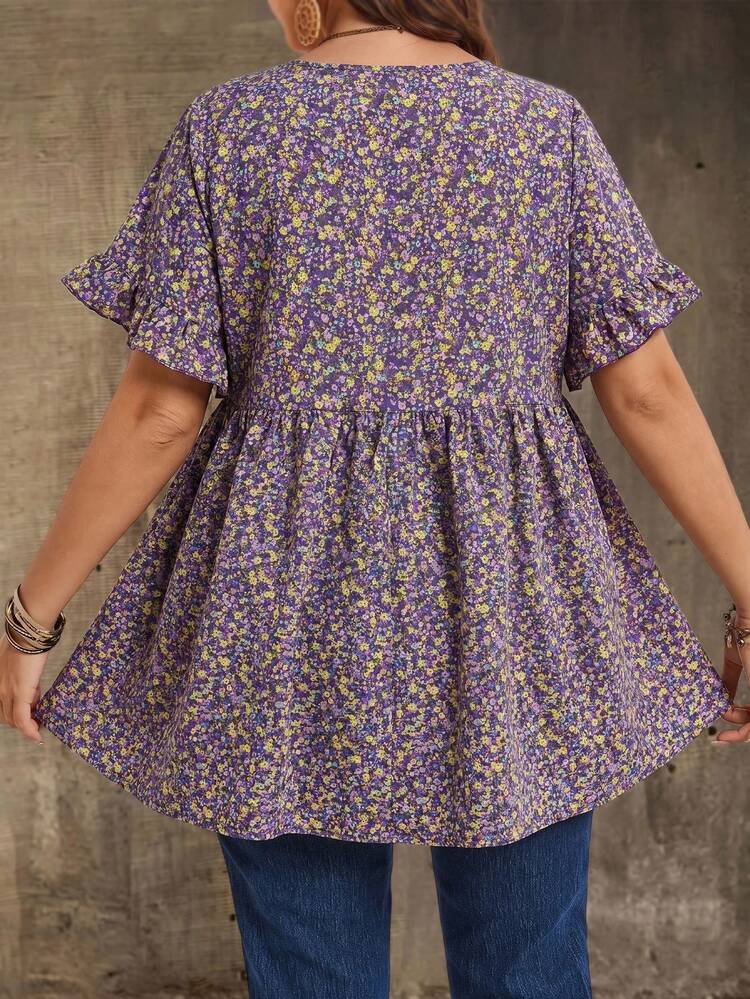 Plus Size Round Neck Short Sleeve Ruffle Ditsy Floral Casual Shirt, Summer