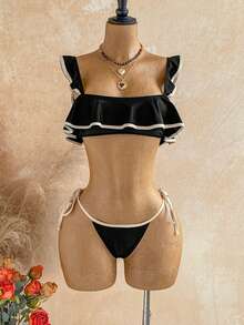 Soleia Contrast Color Trim Square Neck Ruffle Trim Bikini Set - Black - View 4
