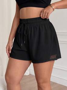Rhythm Era Plus Size Women Sports Yoga Outdoor Gym Shorts, Mesh Patchwork Waistband With Drawstring - Black - View 6