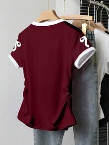 Camiseta ajustada de mujer con estampado de letras, silueta estilizante, estilo casual/al aire libre, nueva llegada de verano, color rojo - Burdeos 4 - Ver 2