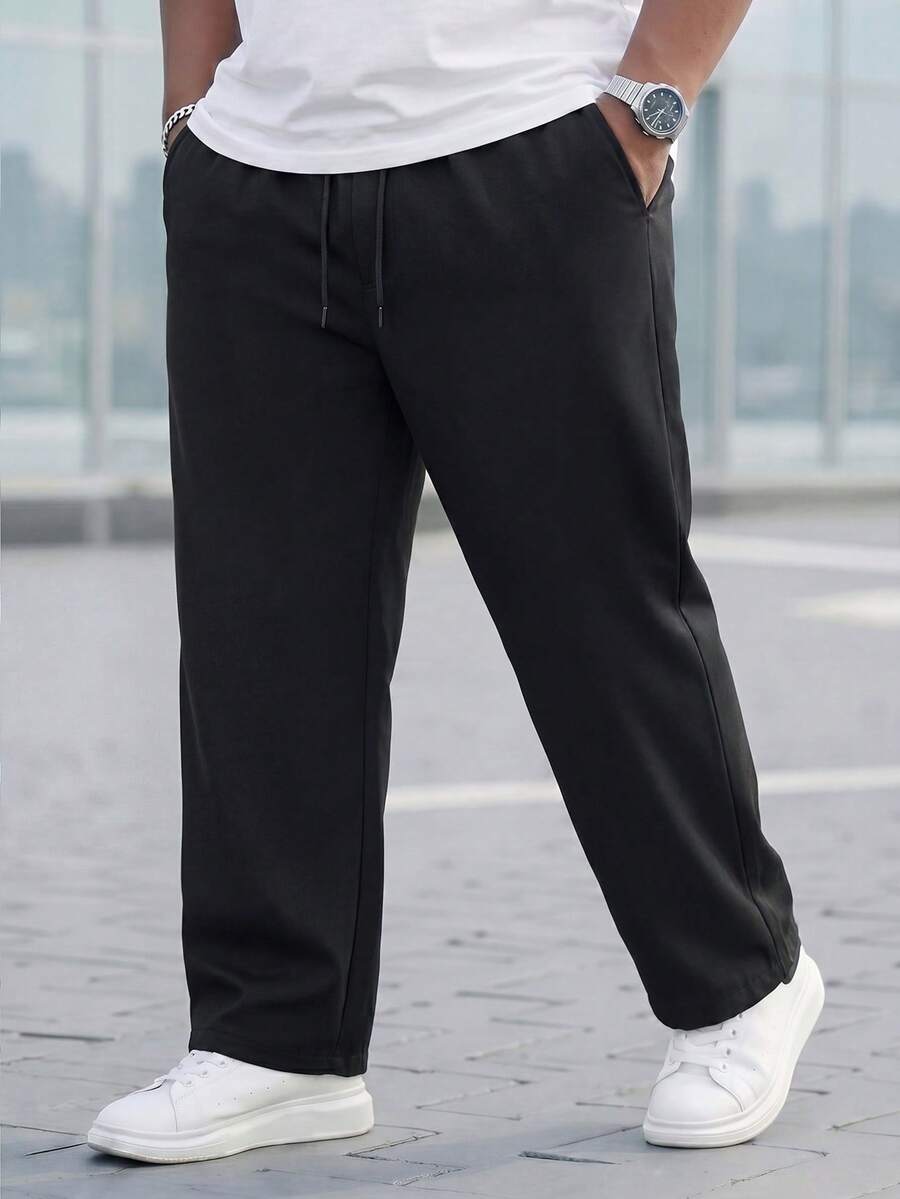 Manfinity Homme 大码男士休闲纯色抽绳运动裤,宽松直筒休闲黑色休闲裤,秋季 - 黑色 - 查看 1