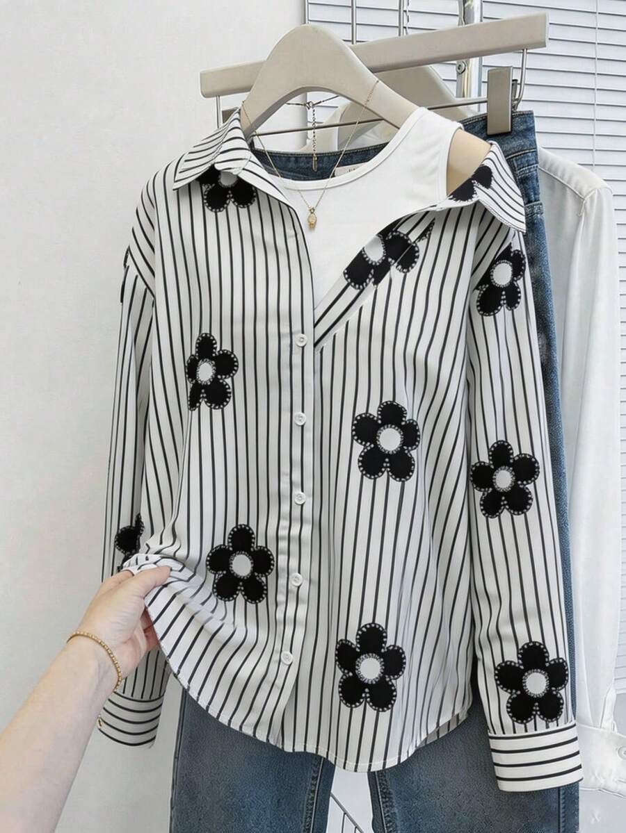 SHEIN 1件少女翻领斜肩二合一竖条纹长袖衬衫，适合休闲和工作场合穿着，春夏款