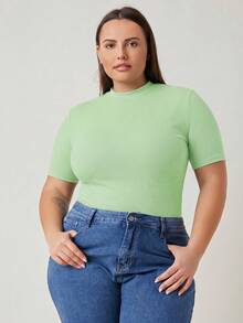 SHEIN BASICS Plus Size Women's Solid Color Casual Round Neck Short Sleeve Knit T-Shirt - Green - View 5