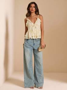Gossip Girl X SHEIN SHEIN BAE 女款甜美百搭荷葉邊雙層下擺綁帶上衣 - 彩色 - 查看 4