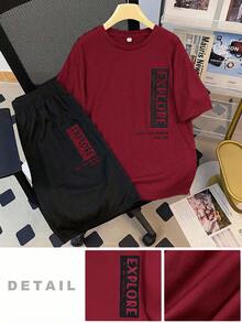 SHEIN 青少年男童圆领短袖时尚夏季休闲百搭T恤套装 - 紅色 - 查看 8