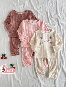 SHEIN Vintaside Kids 6件套女婴春秋季休闲可爱甜美棕色豹纹上衣、粉色杏色上衣搭配同色裤子，3套组合套装，适合上学和日常穿着 - 彩色 - 查看 3