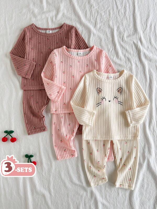 SHEIN Vintaside Kids 6件套女婴春秋季休闲可爱甜美棕色豹纹上衣、粉色杏色上衣搭配同色裤子，3套组合套装，适合上学和日常穿着
